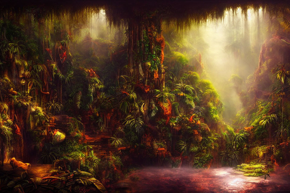 Foggy rainforest with dense foliage, hanging vines, and serene river