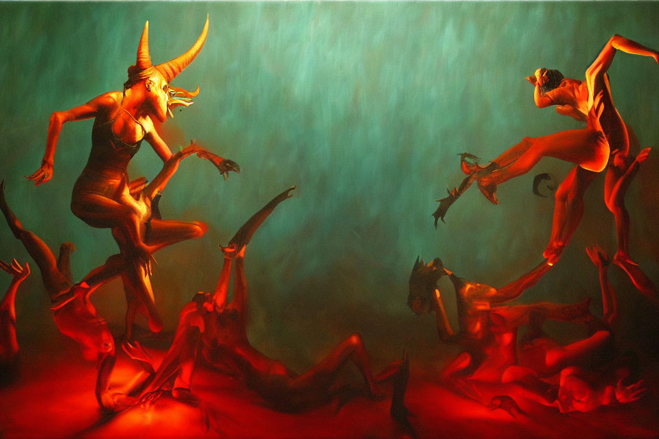 Colorful painting of humanoid figures with horns and tails on dynamic poses against red and green backdrop