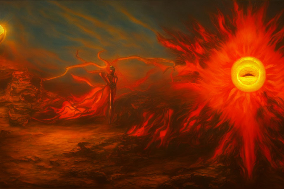 Surreal hellish landscape with fiery explosion and ominous red skies