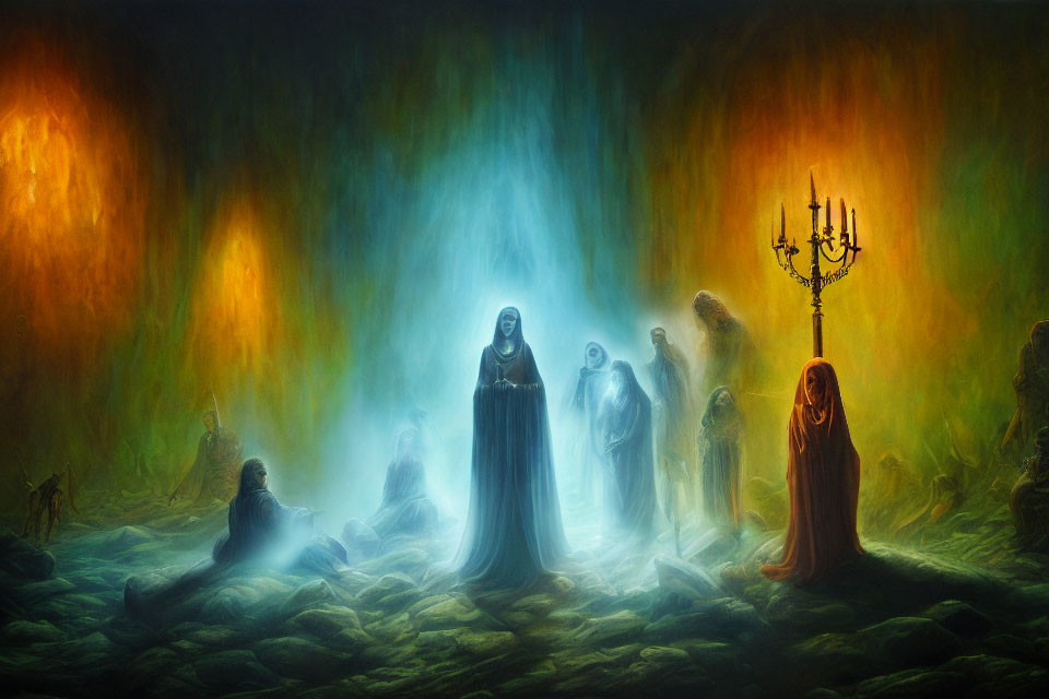 Mystical cave gathering with cloaked figures and eerie lighting