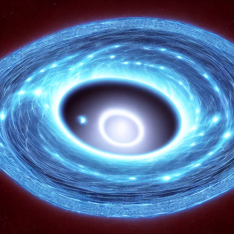 Celestial digital illustration: blue accretion disk around black hole on red starry backdrop