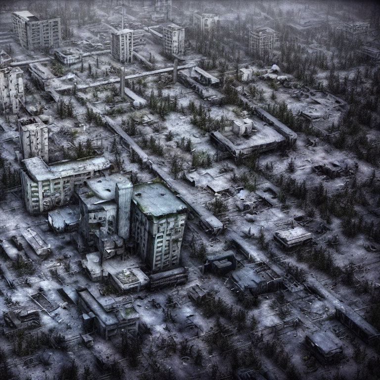 Desolate urban area with dilapidated buildings and overgrowth