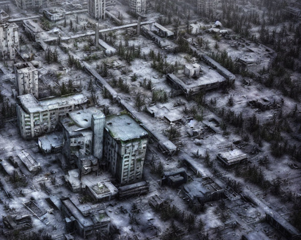 Desolate urban area with dilapidated buildings and overgrowth