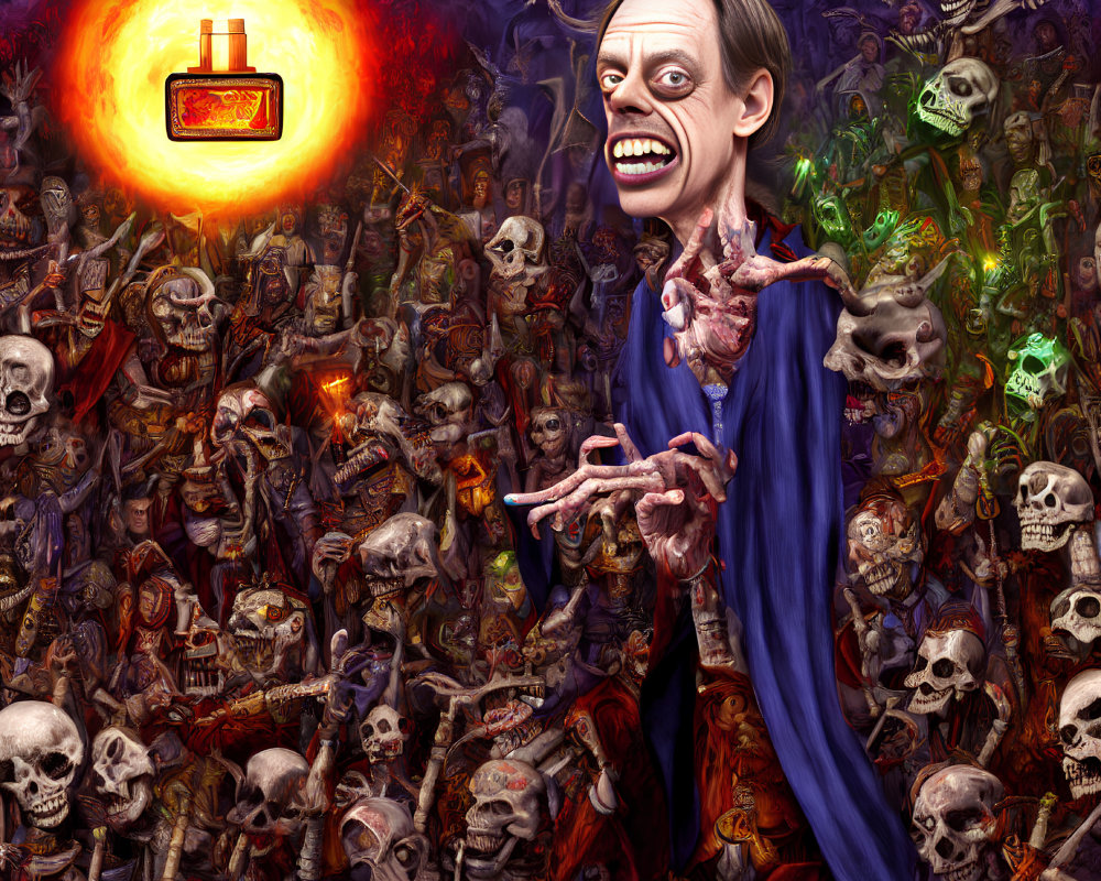 Elongated face figure in robe holding heart, surrounded by skulls and eerie figures