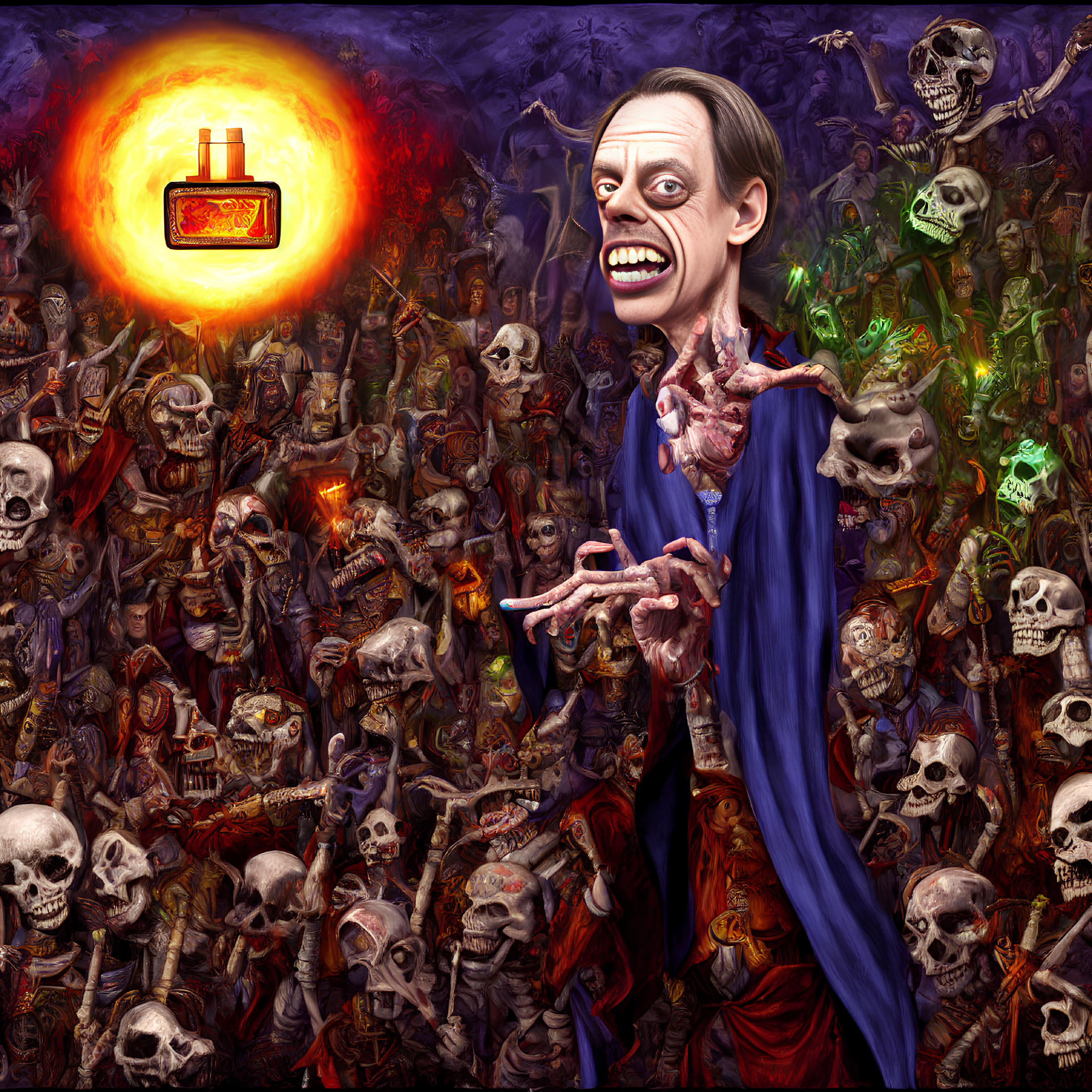 Elongated face figure in robe holding heart, surrounded by skulls and eerie figures