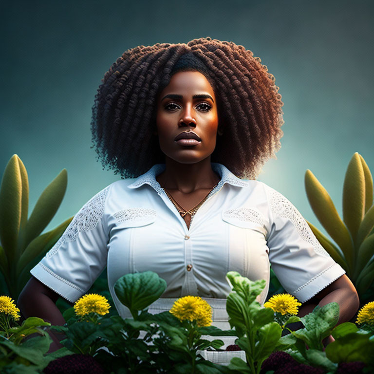 Confident woman with afro hairstyle in white shirt among green plants