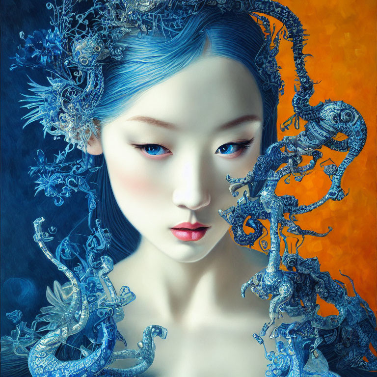 Digital artwork featuring woman with blue hair and metallic dragons on blue and orange background