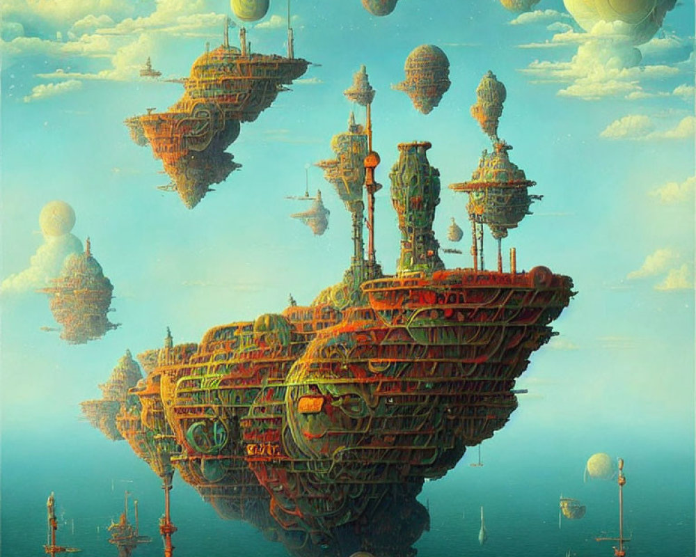 Intricate structures on floating islands under surreal blue sky