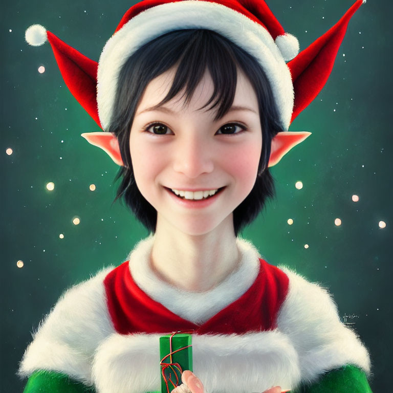 Cheerful elf in Santa hat holding green gift in magical setting