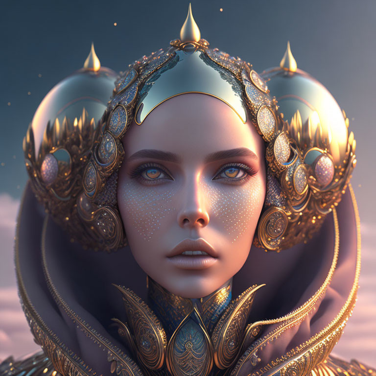 Digital Artwork of Woman with Golden Headdress and Blue Eyes on Twilight Sky