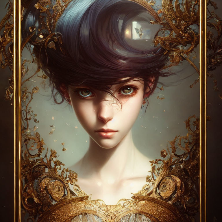 Young woman with blue eyes and blue hair in ornate golden frame