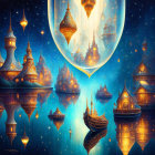 Fantastical golden-domed structures in starry sky reflection.