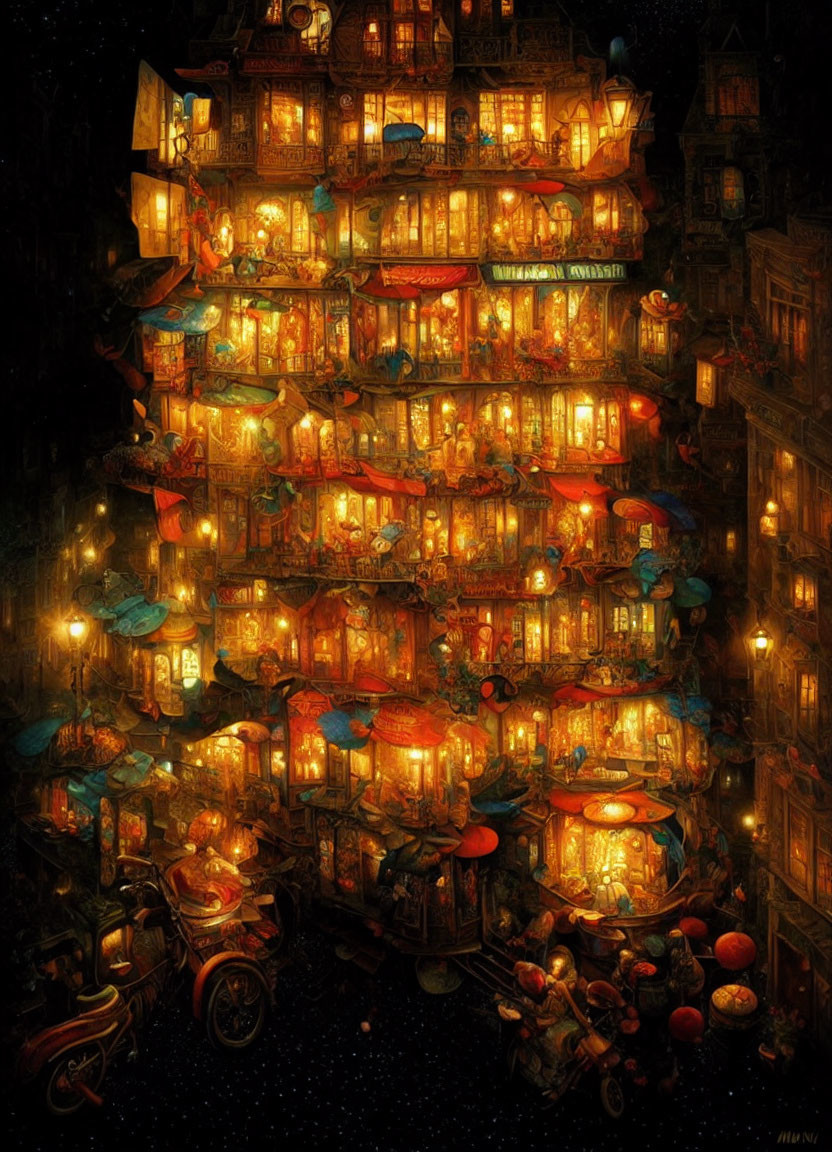 Detailed illustration of vibrant Asian night market scene