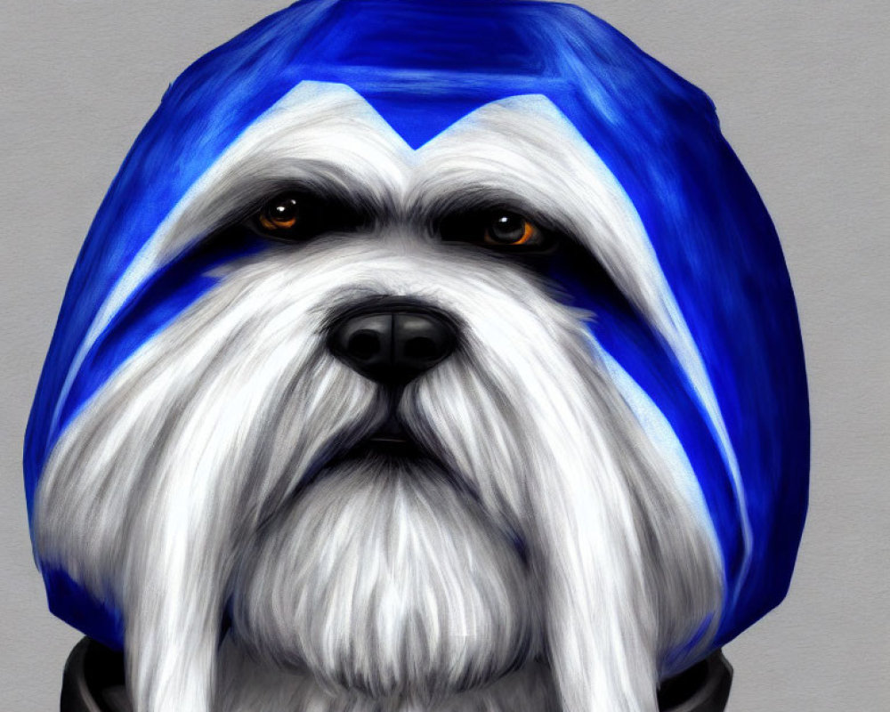 Dog digital artwork with human-like eyes in futuristic blue hood
