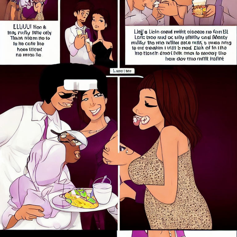 Man serving food to woman while woman eats large sandwich in comic-style illustrations