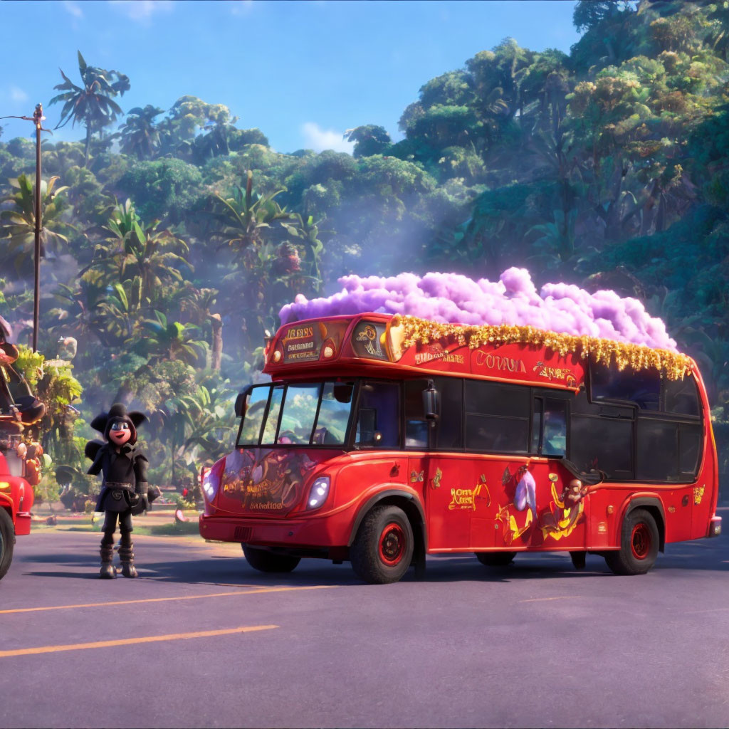 Black animated character next to red tour bus in lush tropical scene