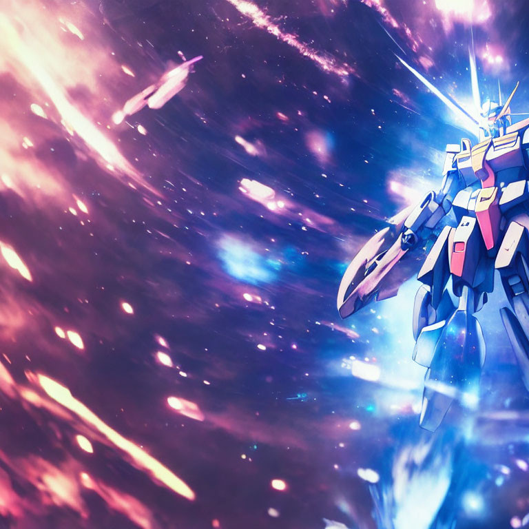 Colorful Mecha Robot in Cosmic Battle Scene with Streaks of Light