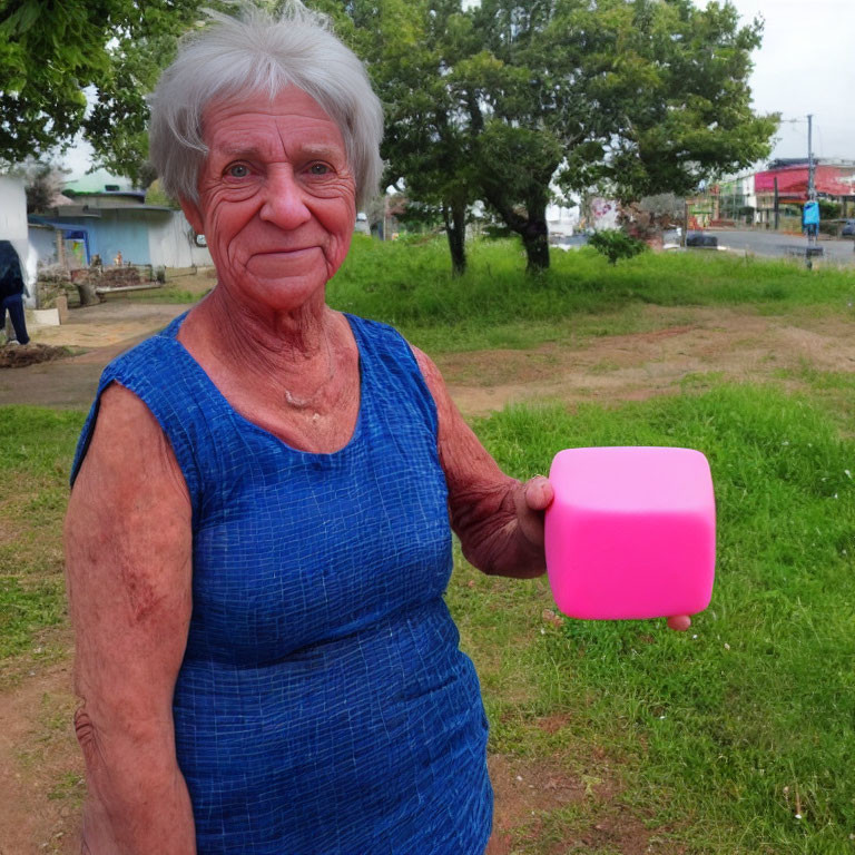 Elderly woman in blue dress holding pink cube in park setting