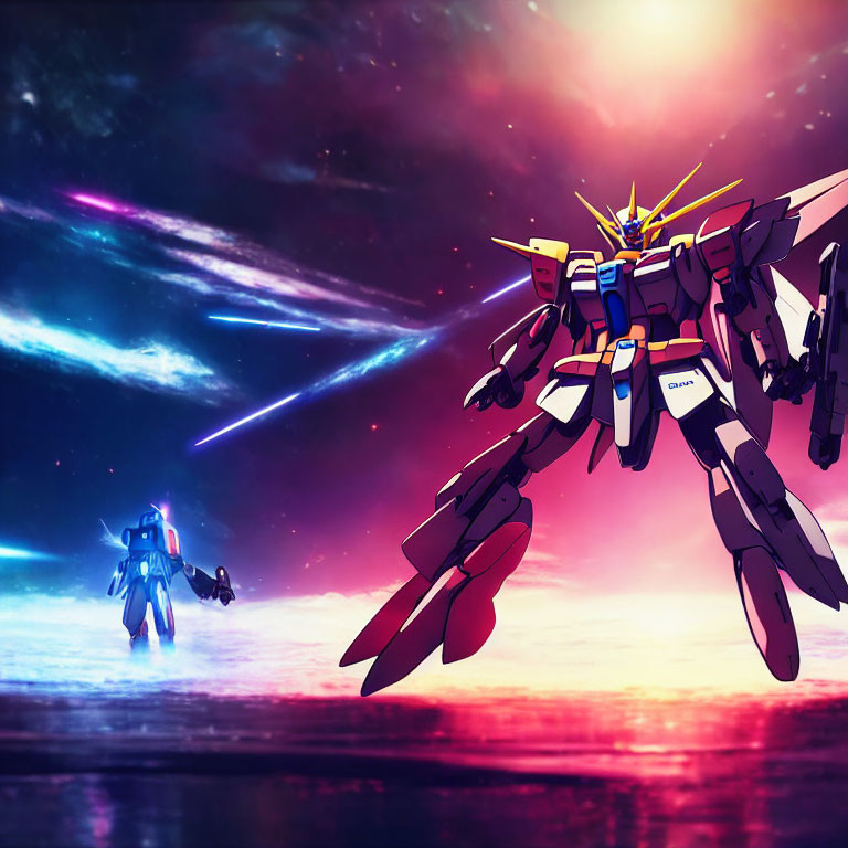 Vivid space battle scene: two mecha robots in cosmic setting with laser beams