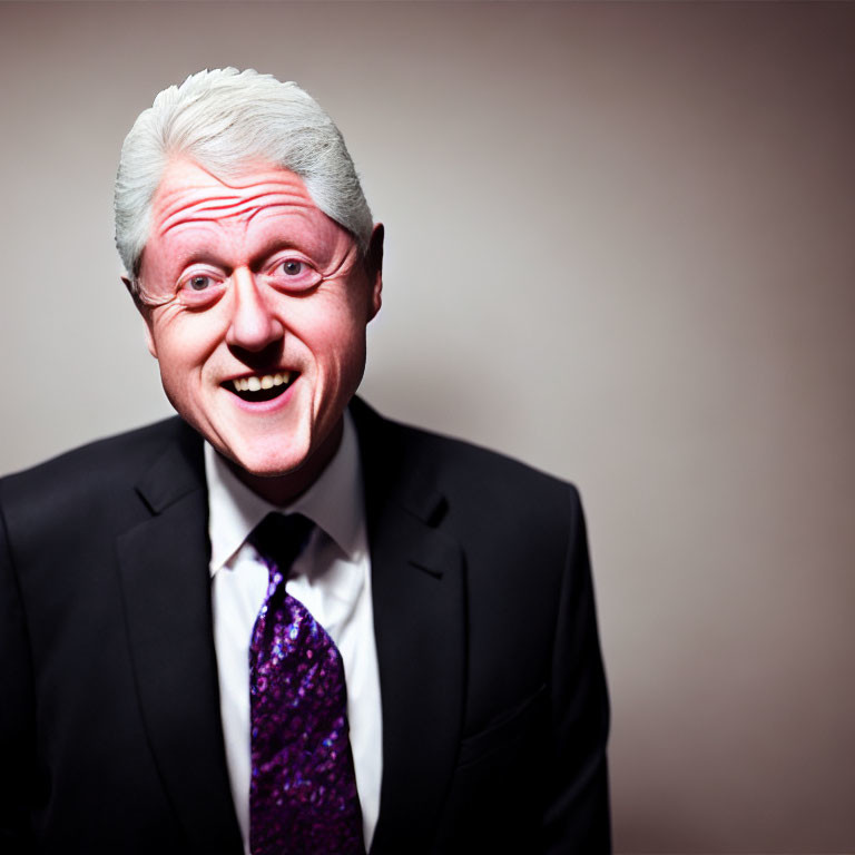 Smiling man with white hair in black suit and purple tie on pinkish-brown background