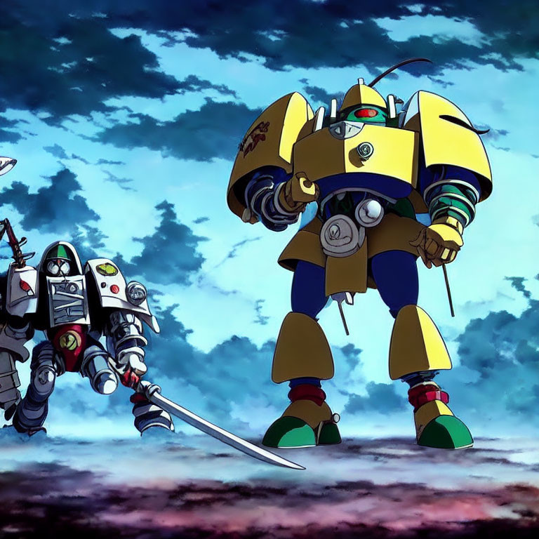 Two animated robots under a cloudy sky: one large in yellow and green with a sword.