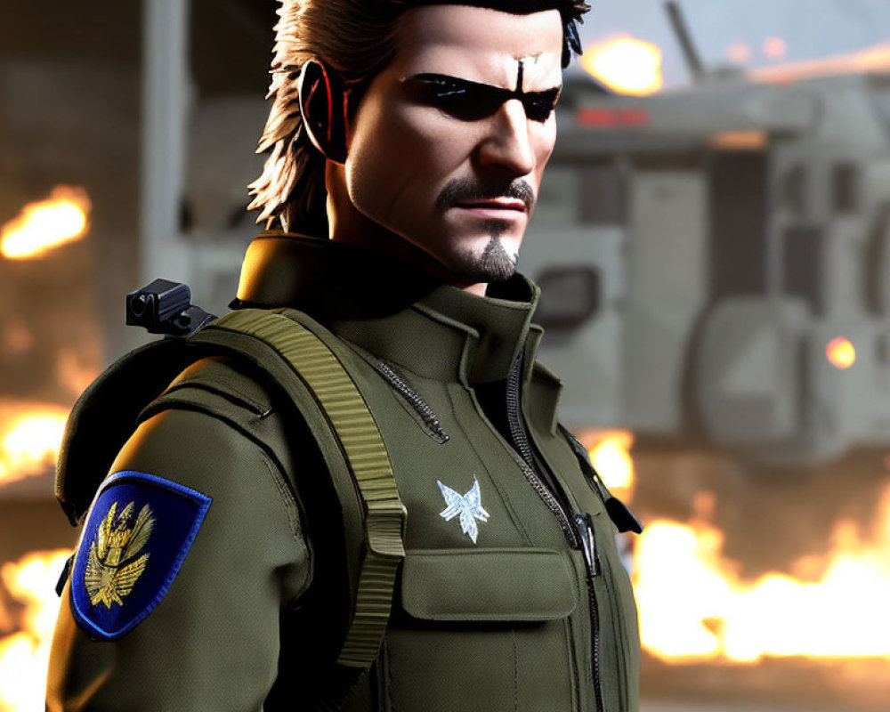 Male video game character with mullet, stubble, eyepatch, and military vest against fiery