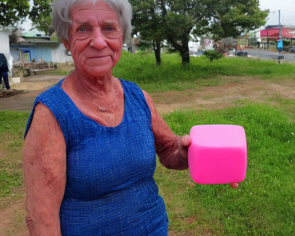 Elderly woman in blue dress holding pink cube in park setting