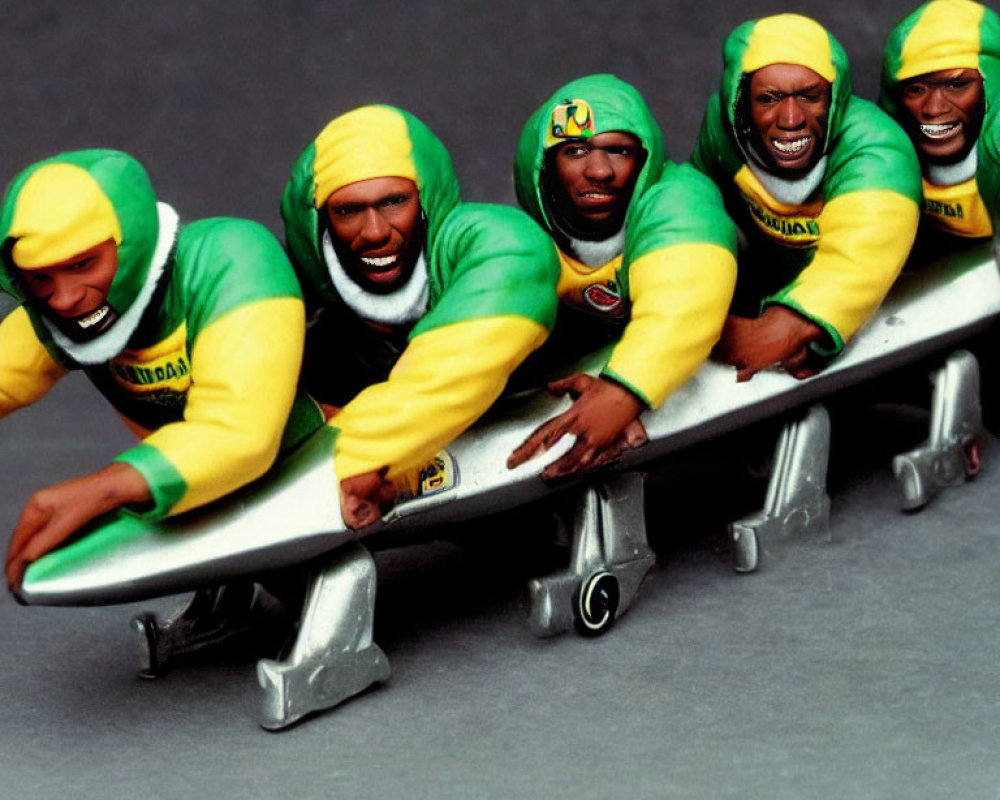 Four Jamaican bobsleigh team figurines on skateboard in playful scene