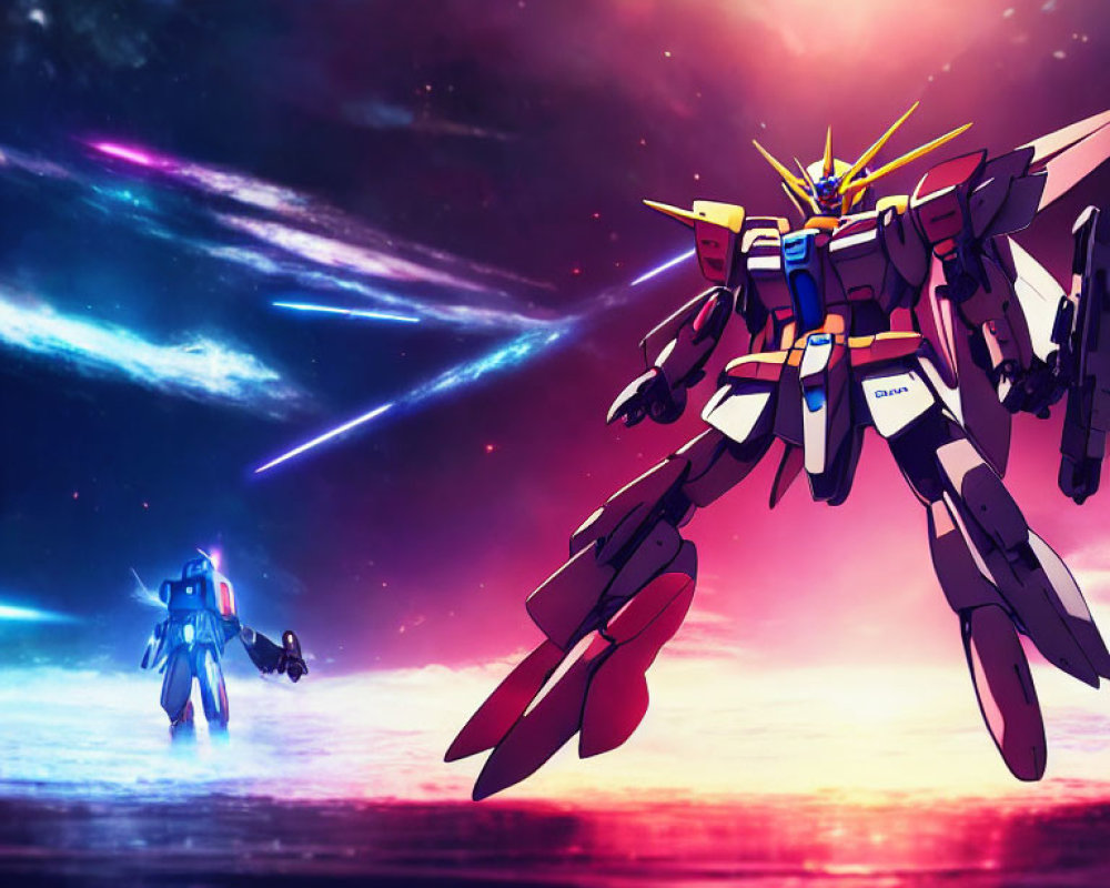 Vivid space battle scene: two mecha robots in cosmic setting with laser beams