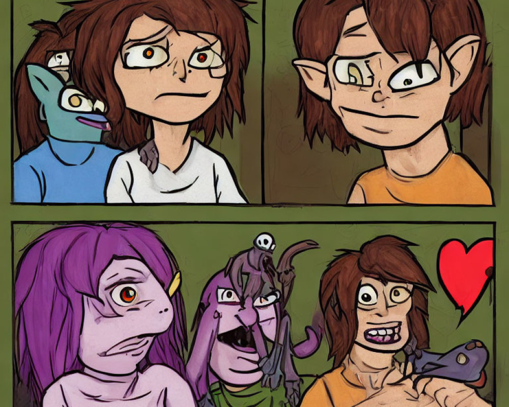 Transformation from human to purple-haired creature in comic panels