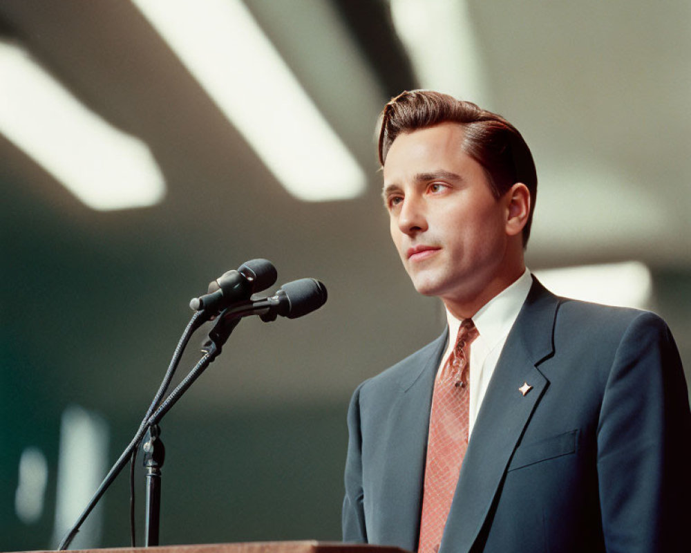 Man in suit and tie speaking at podium with microphones in serious expression