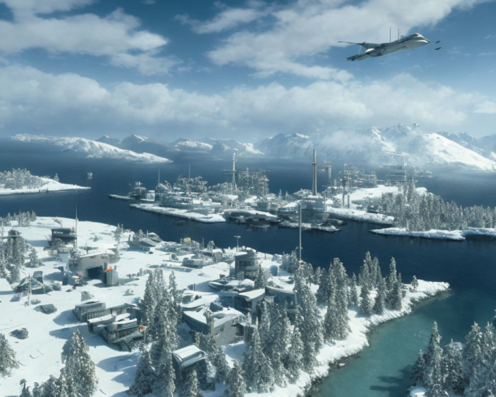 Snowy Coastal Military Base with Ships, Buildings, and Jet Flying Overhead