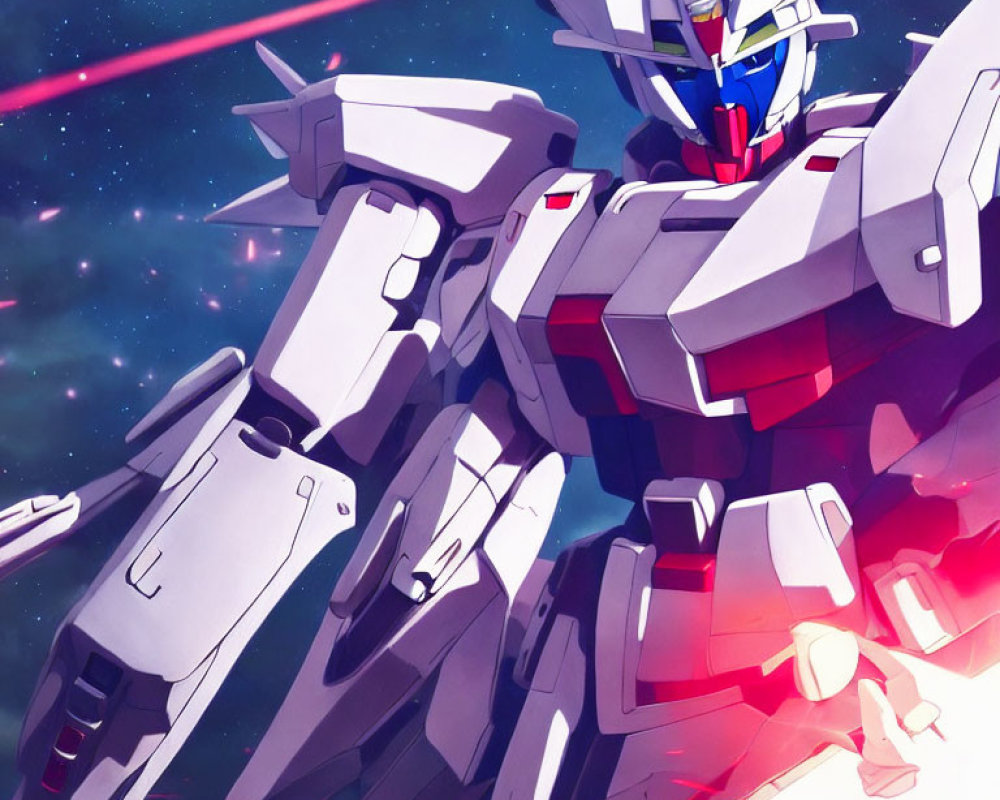 Detailed mecha robot illustration in white and purple armor firing red beams in starry space.