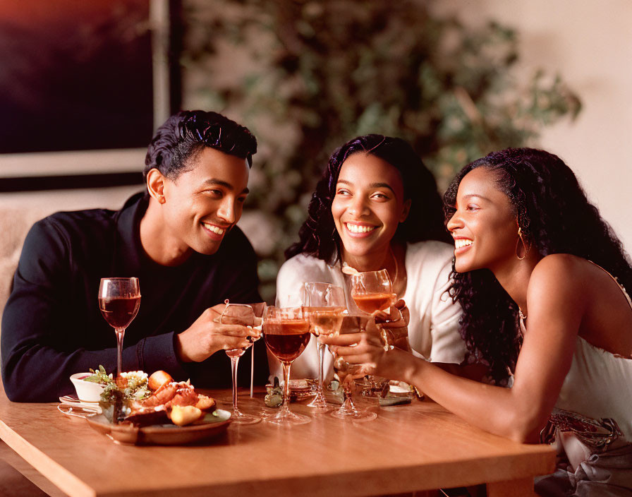 Group of Three People Toasting Wine Glasses at Table