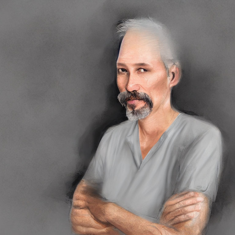 Man with Mustache in Grey Shirt, Pensive Expression