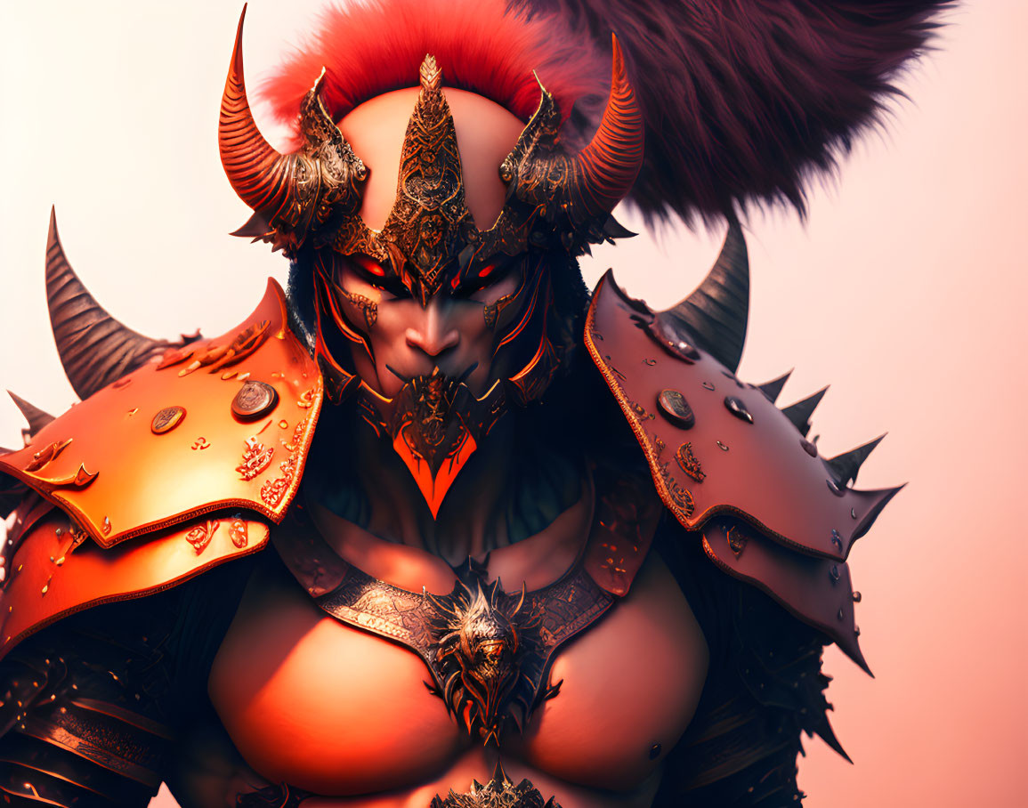 Fantastical female warrior with horns in red and gold armor on crimson backdrop