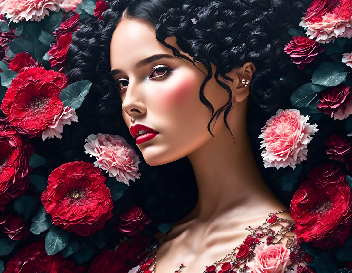 Dark-Haired Woman Digital Portrait Surrounded by Red and Pink Roses