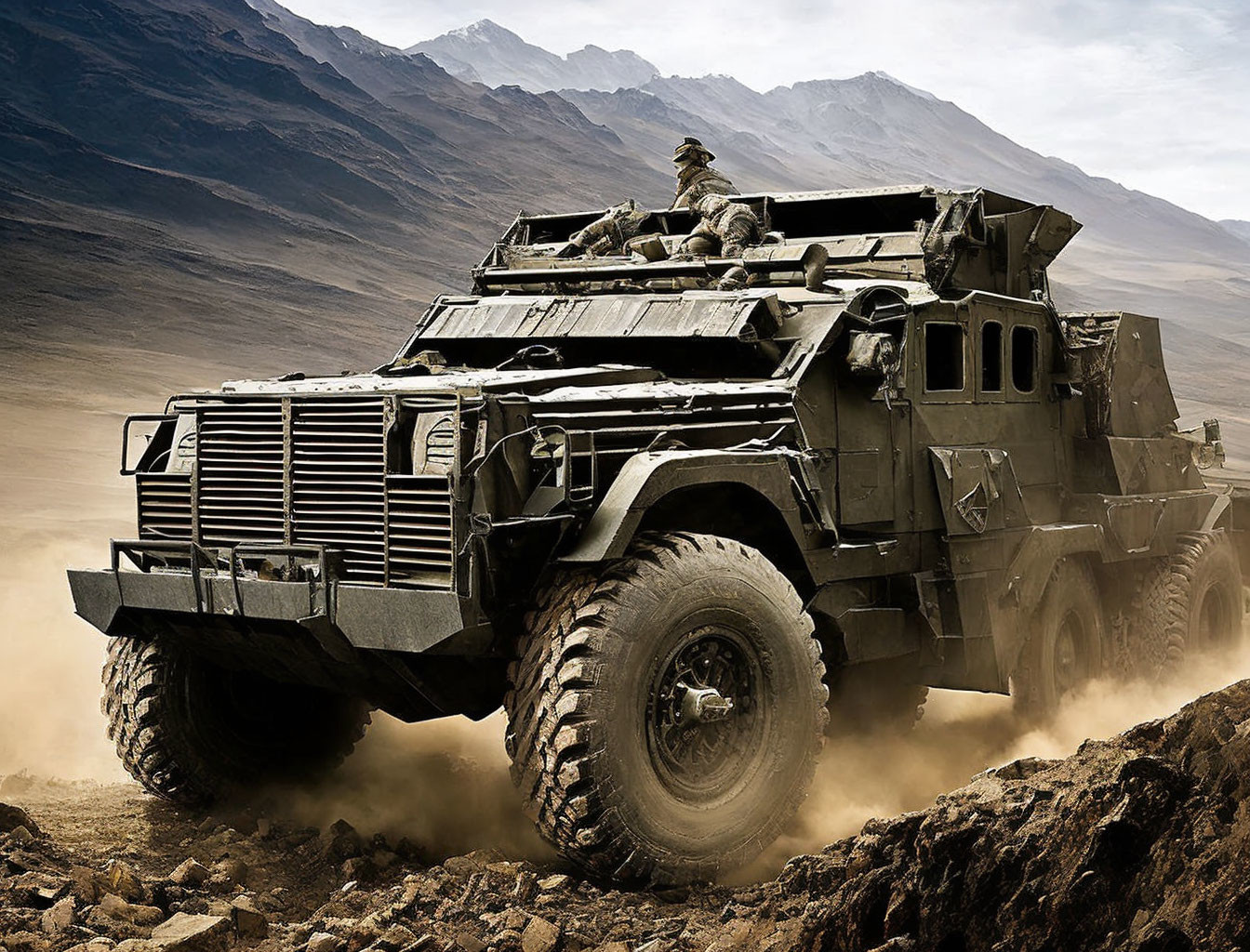 Military vehicle with soldiers navigating dusty mountains