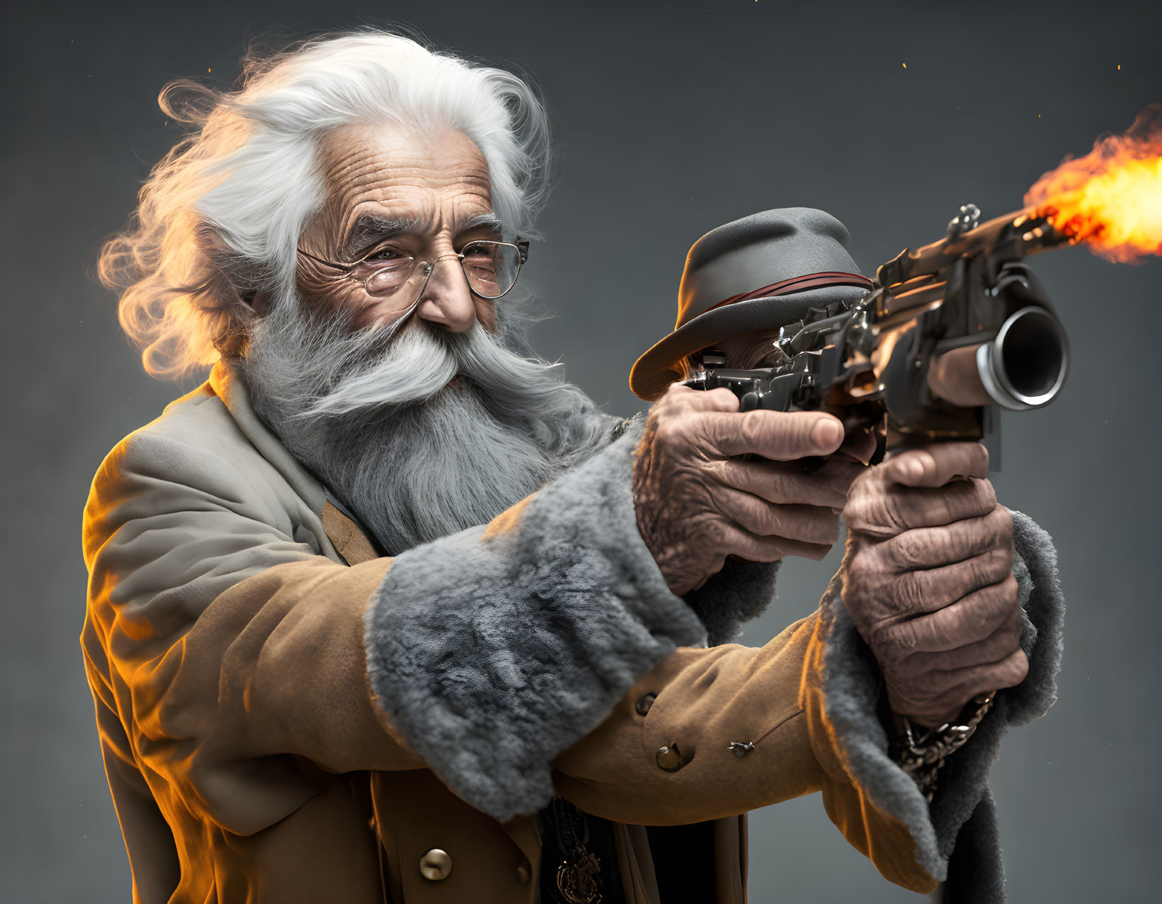 Elderly man in coat and hat fires revolver with flames.