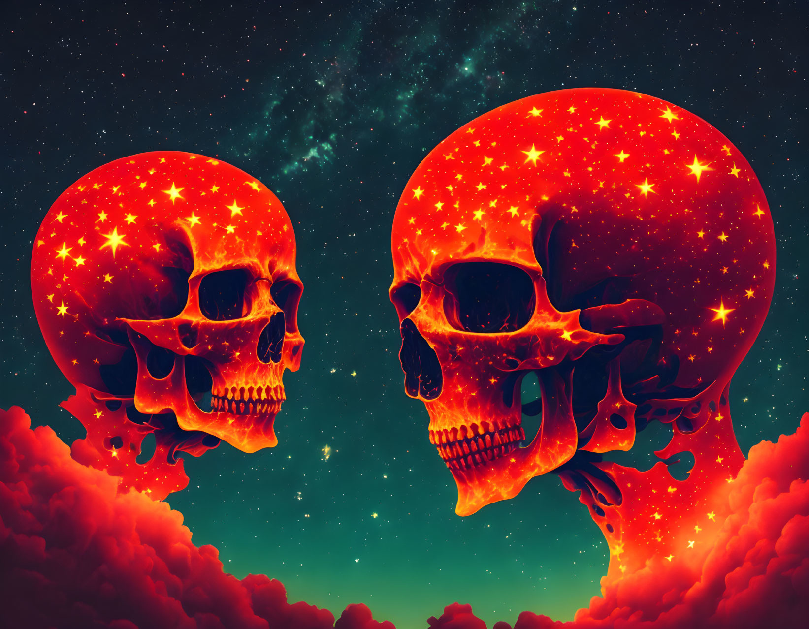 Neon red skulls on cosmic backdrop with stars and clouds