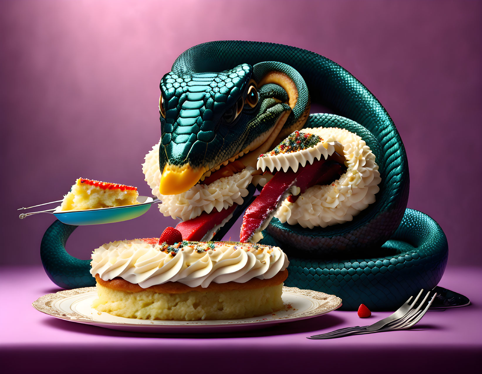 Colorful Digital Art: Anthropomorphized Snake Coiled Around Cake