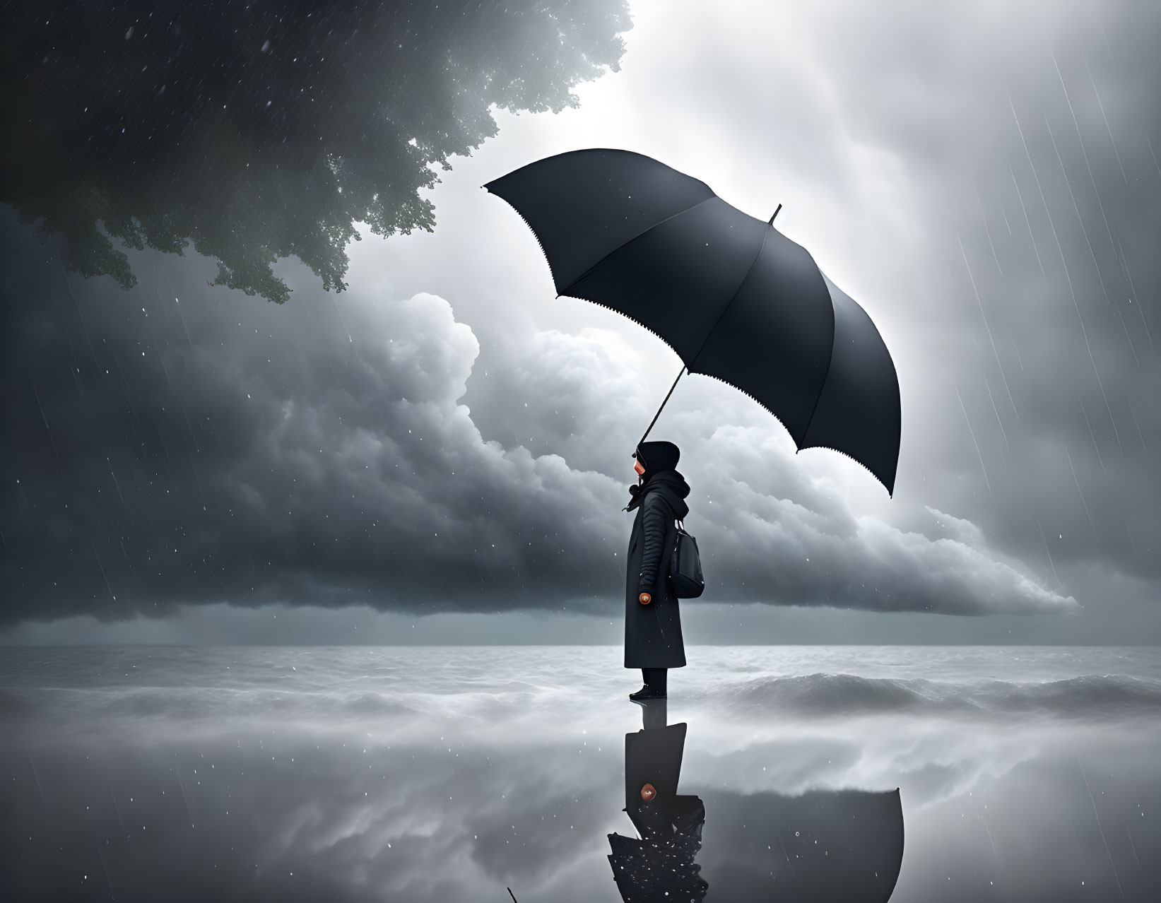 Solitary figure with black umbrella on narrow ledge in stormy sky