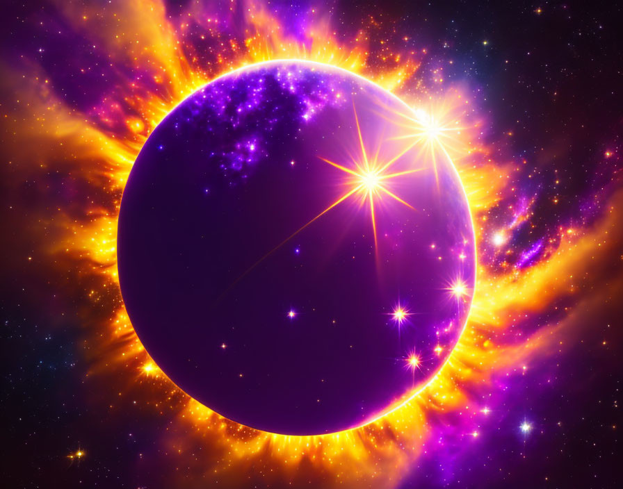 Colorful cosmic scene: large purple planet, golden nebulae, bright stars