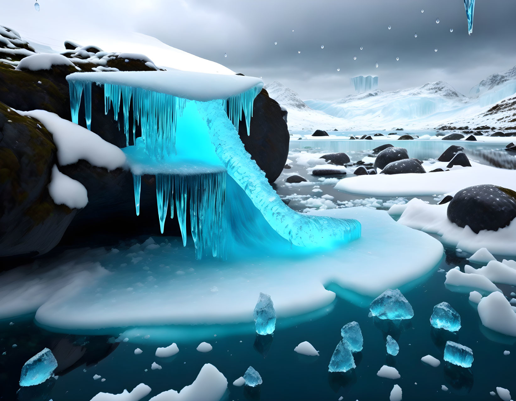 Snowy mountains and icy waterfall landscape with blue icicles