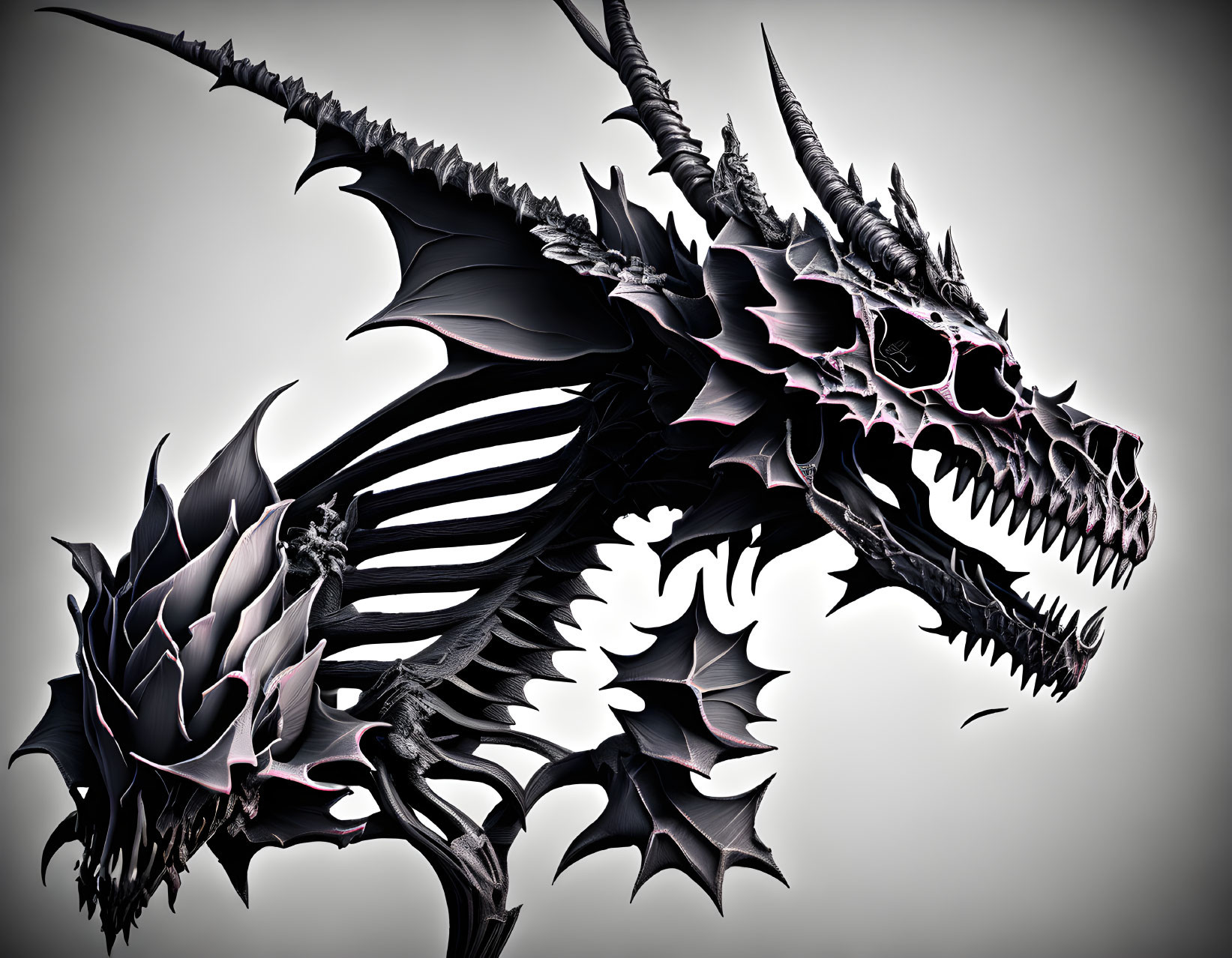 Detailed grayscale dragon illustration with sharp spikes and large wings.