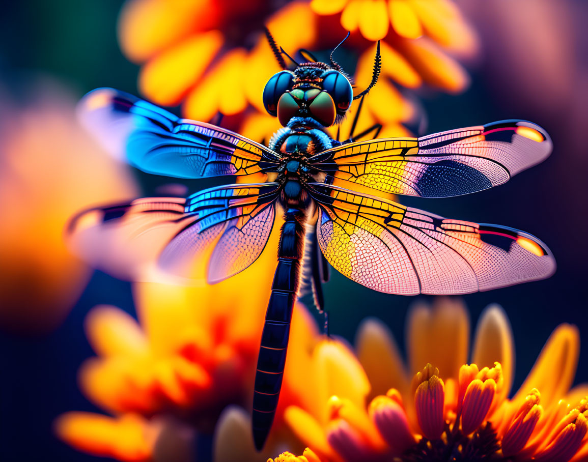 Detailed Close-Up of Dragonfly on Orange Flowers with Fine Wing Details