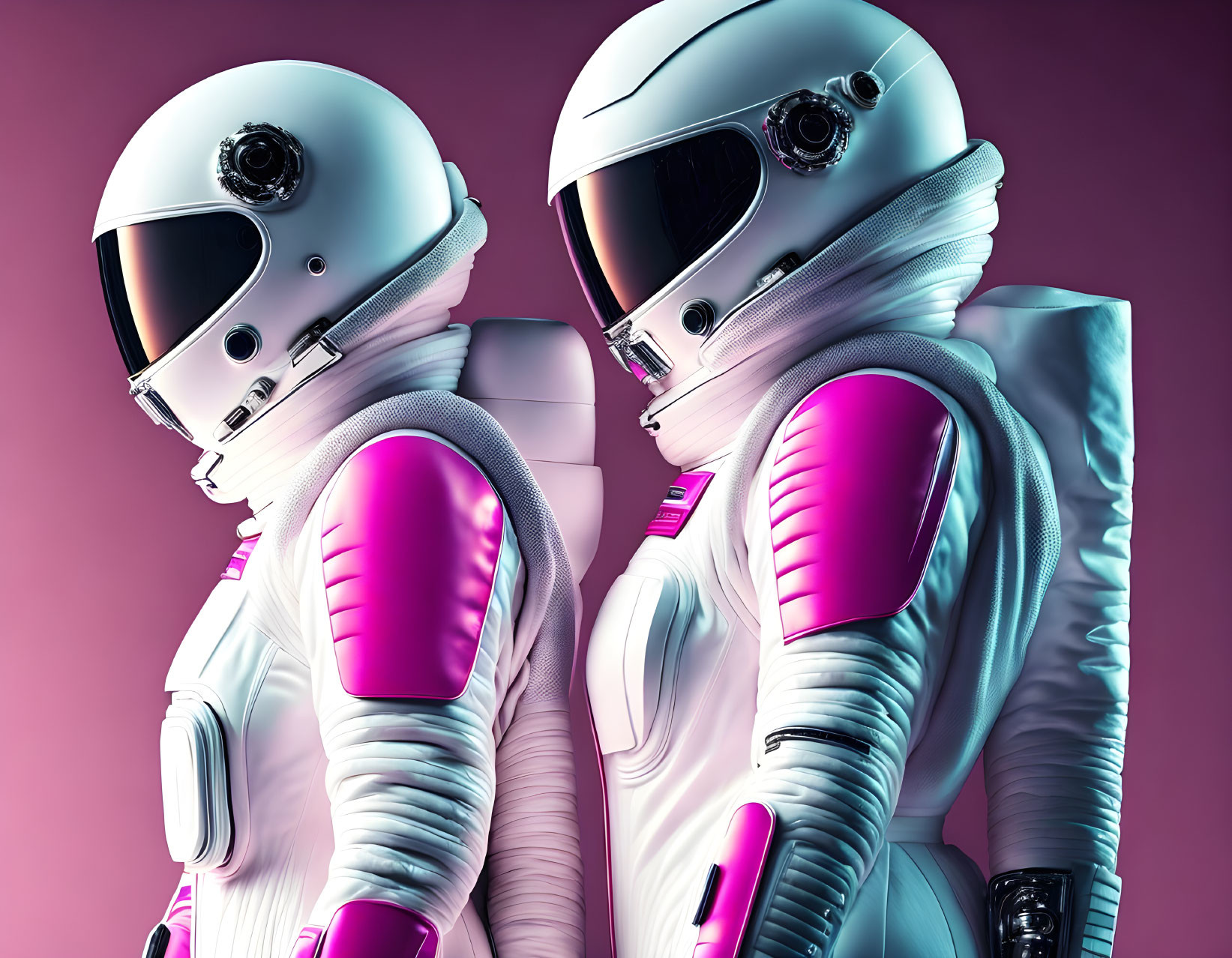 Two people in white and pink spacesuits with reflective visors on pink background