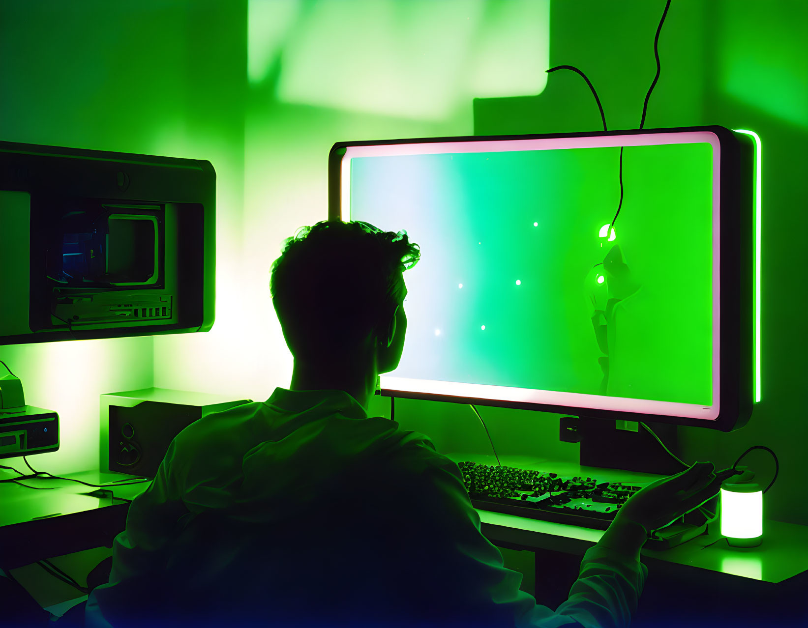 Person at desk in dimly lit room with green lighting, facing computer monitor and holding smartphone