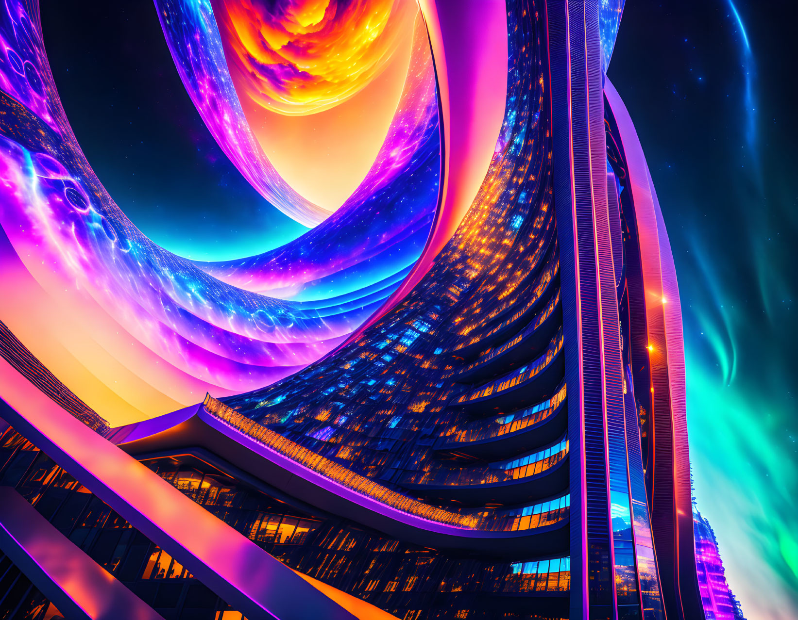 Vibrant futuristic cityscape with neon lights and cosmic sky