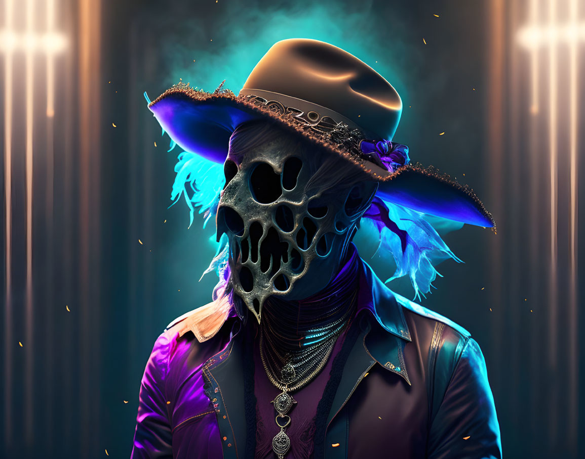 Skull-faced character in cowboy hat and purple jacket under atmospheric backlighting